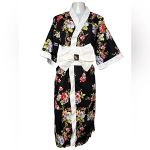 VTG Floral Japanese Kimono Robe with Obi Belt Black Cotton with Colorful Flowers - Bild 1 von 8