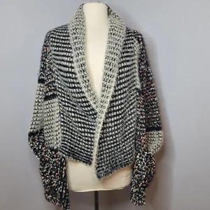 Dor Couture Patchwork Cardigan Eyelash Knit Open Front Pocket Sweater Medium B&W - Picture 1 of 9