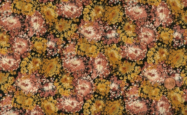 CLEARNCE - 1+YD 'LANCASTER' YUKO HASEGAWA GOLD FLORAL ON BLACK FABRIC - RJR - Image 1 of 1