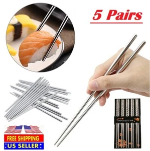 5 Pairs Stainless Steel Chopsticks Chinese Silver Non Slip Sushi Japan Metal USA - Picture 1 of 12