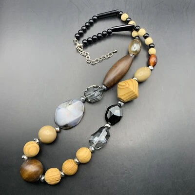 Collar largo grueso de cuentas madera ágata piedras preciosas vidrio audaz neutro marrón negro Foto 1 de 4