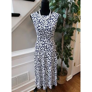London Times Knee Length Dress Women's Blue White Floral Sleeveless Round Neck S - Picture 1 of 11