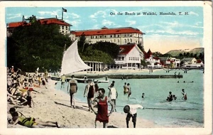 WAIKIKI HAWAII BEACH SCENE S.S. PRESIDENT POLK SEA POST OLD POSTCARD - Picture 1 of 2