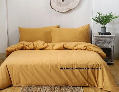 Indian 100%Cotton Bedding Cover With Pillow Beautiful Solid Beige Color Bedsheet - Image 1 of 4