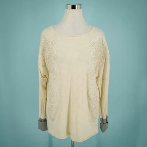 Sundance Size Large L Ivory Lace Applique Grey Cuffs Crew Long Sleeve Cotton Top - Picture 1 of 7