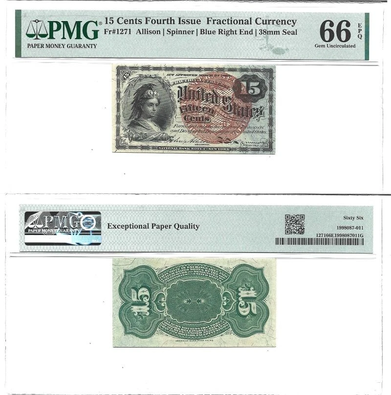 15 Cent 4th Issue Fractional Currency PMG Gem-66 EPQ Fr. 1271 - Image 1 of 1