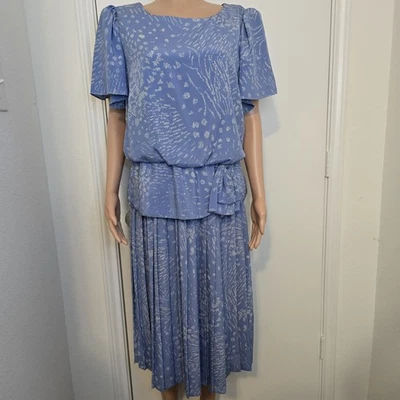 IN CINQ Dress Sz 18 1/2 Vtg 80s Blue Abstract Floral Peplum Waist Granny USA - Image 1 of 4