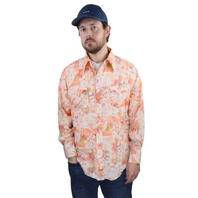 Vtg 60s H Bar C Western Floral Pearl Snap Shirt Mens Sz Large 16 16.5 Orange L/S - Image 1 of 4