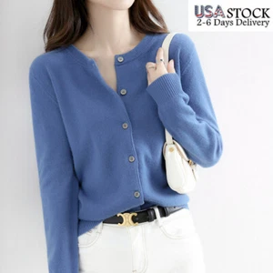 Women's Cashmere Blend Cardigan Sweater Solid Color Simple Crew Neck Jacket Coat - Picture 1 of 21