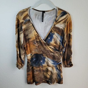 Y2K 90s Vtg Faux Wrap Stretch Brown Blue Sz S Whimsigoth Top Grunge Floral USA - Picture 1 of 16