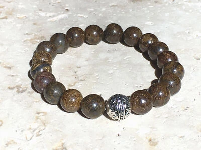 Brazalete hecho a mano de 10 mm barra de caramelo natural bronceita y plata Bali Bead Harmony Foto 1 de 3