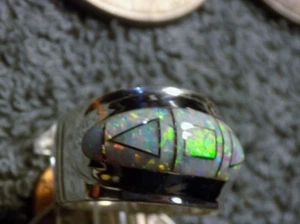 New Unisex Sterling Created Opal Jet Inlay Ring Navajo James Lee Size 10 1/2 - Picture 1 of 10