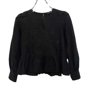 Zara Black Floral Embroidered Cropped Ruffled Hem Long-Sleeve Top/Blouse - XS - Picture 1 of 8