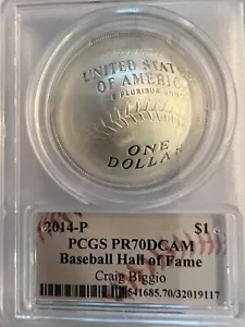 2014P BASEBALL HALL OF FAME 1ozPROOF.$1 PCGS PR-70 DCAM. SIGNED BY CRAIG BIGGIO - Picture 1 of 11