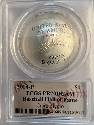 2014P BASEBALL HALL OF FAME 1ozPROOF.$1 PCGS PR-70 DCAM. SIGNED BY CRAIG BIGGIO - Image 1 of 4