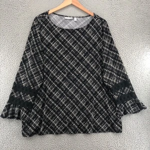 Top Susan Graver para mujer 3X Plus gris a cuadros elástico tejido líquido encaje mangas largas - Imagen 1 de 9