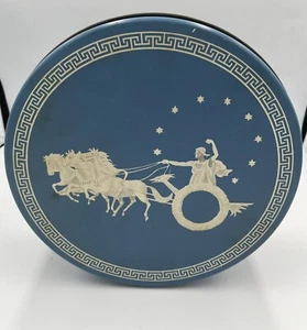 Vintage Round Tin Greek Key Pattern Chariot Horses Blue White Charioteer Decor - Picture 1 of 10