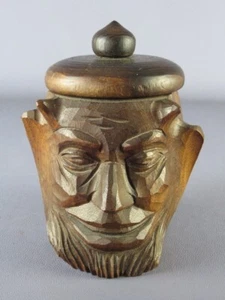 Vaso scultura diavolo legno boccale con coperchio con volto inciso XX Sec. - Foto 1 di 9