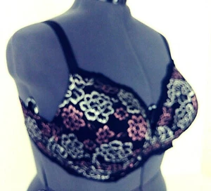Torrid 44C Blumen Spitze T-Shirt BH Schwarz Rosa Silber Schlüsselloch Gefüttert UW 44 C Neu - Bild 1 von 7