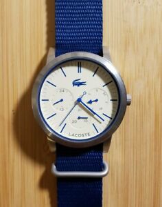 Lacoste Watch 44MM Off White Tone Chronograph Face & Navy Blue Fabric Band
