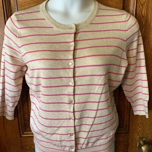 New $69 LYNN Ecru & Pink Stripe Women's 3/4 Slv, Lt Wght Cardigan Sweater XL NWT - Picture 1 of 7
