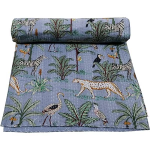 Indian jungle animal 100% Cotton gray Kantha Quilted Bedspread Throw Blanket - Picture 1 of 8