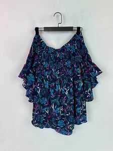 Joe Browns Navy Floral Bardot Top Shirred Boho Style Short Sleeve UK 12 - Picture 1 of 7