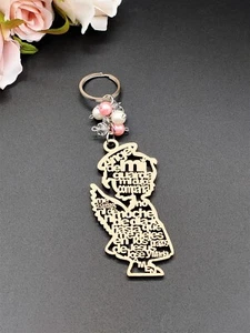 US 12pcs Angel Girl w\Wing Prayer Wooden KeyChain Baby Sower Favor & Organza Bag - Picture 1 of 3
