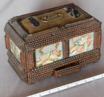 Antique Tramp art decorated box chip carved 19th c. decoupage folk brass velvet - Image 1 of 4