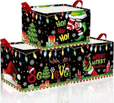 3 Piezas Cestas de Navidad Verde Almacenamiento Negro Verde Feliz Navidad Cesta para Gif Foto 1 de 4