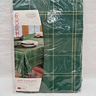Fabric Tablecloth 52"x70" Oblong Green Gold Plaid Classic Home for the Holidays - Image 1 of 4