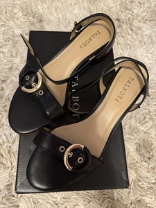 Talbots Fiji Sandal Heel Women Strappy Size 10 M Black Leather Gold Buckle - Picture 1 of 8