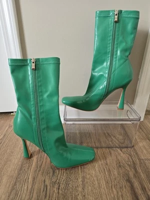 Azalea Wang Square Up Stiletto Boot Green Side Zip SZ 8.5 Retro Boho Go-Go 1960 - Image 1 of 4