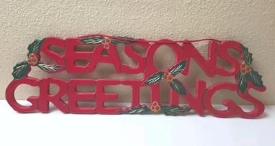Letrero colgante de madera vintage 1993 SEASONS GREETINGS rojo y verde 19" x 6,5"  Foto 1 de 4