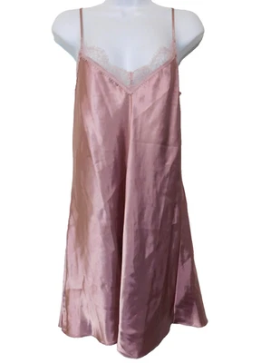 IN BLOOM Champagne Satin Eyelash Trim Nightie XL Chemise Nightgown Crossback - Image 1 of 4