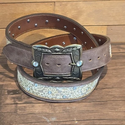 Angel Ranch Western Mujer XXL Cinturón Tostado Encaje Superposición Marrón Vaquera Hebilla Foto 1 de 4