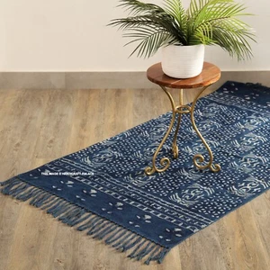 Tappetino indiano 3x5 piedi tappeto blu indaco tappeti cotone dhurrie stampato a blocco a mano Dari - Foto 1 di 3