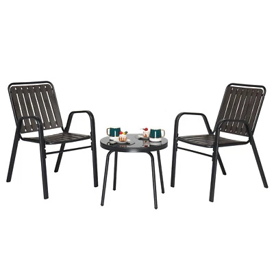 3-Pcs Patio Bistro Table Set, Outdoor Set 2 Stackable Dining Chairs Glass Table - Image 1 of 4