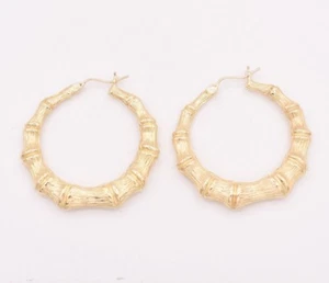 1 3/8" 35mm Graduated Diamond Cut Bamboo Hoop Earrings Real 10K Yellow Gold - Picture 1 of 5
