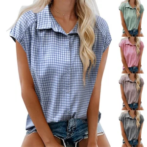 Womens Checked Button Tee Casual Shirts Lapel Loose Summer Blouse Tops Size 6-20 - Picture 1 of 23