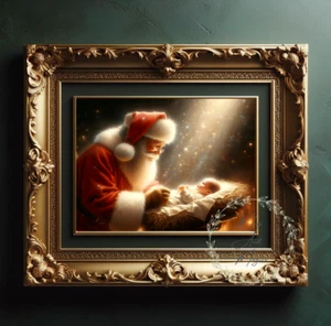 Jesus & Santa kneeling Christmas Nativity Holiday wall Art poster painting print - Picture 1 of 4