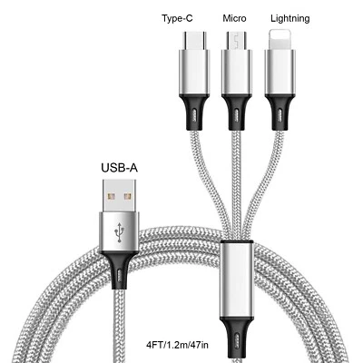 For iPhone/Samsung Type C Micro USB 3 in 1 Fast Charging Cable Charger Cord Grey - Image 1 of 4