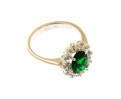18K WHITE GOLD FLOWER RING BIG OVAL 9x7mm GREEN CRYSTAL, CUBIC ZIRCONIA FRAME — 第 1/4 张图片