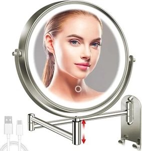 Rechargeable Wall Mounted Lighted Makeup Mirror Chrome, 8 Inch Double-Sided LED - Picture 1 of 21