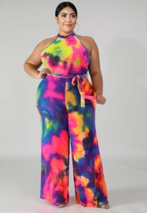 Plus Size Sparkle Tie Dye Mock Neck Nylon Jumpsuit w/Belt. Plus Size 2XL. - Picture 1 of 4