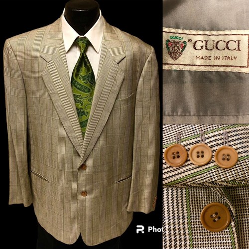 GUCCI Italy Cappotto Sportivo Uomo ORO Verde OVERCHECK Giacca Lana SETA Blazer 46 L