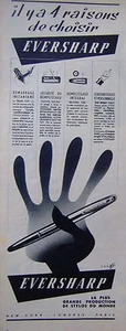 PUBLICITÉ DE PRESSE 1952 EVERSHARP LA PLUS GRANDE PRODUCTION DE STYLOS DU MONDE - Picture 1 of 1