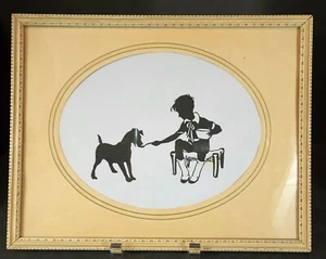 Vtg Art Deco Silhouette Boy Feeding Dog Puppy Cut-out Black Paper Framed Matted - Picture 1 of 7