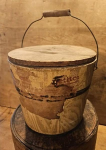 PRIMITIVE COUNTRY ANTIQUE WOOD BUCKET PAPERED & TURNED HANDLE ~LID 19TH CENTURY - Picture 1 of 17