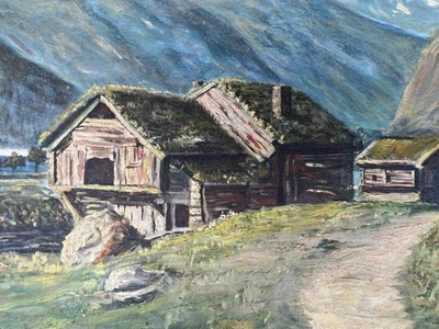 Pintura al óleo original firmada G Bjolstad paisaje cabaña de montaña europea chalet Foto 1 de 4